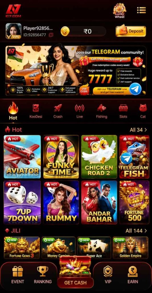 IC7 GAME online gaming platform with modern dark design